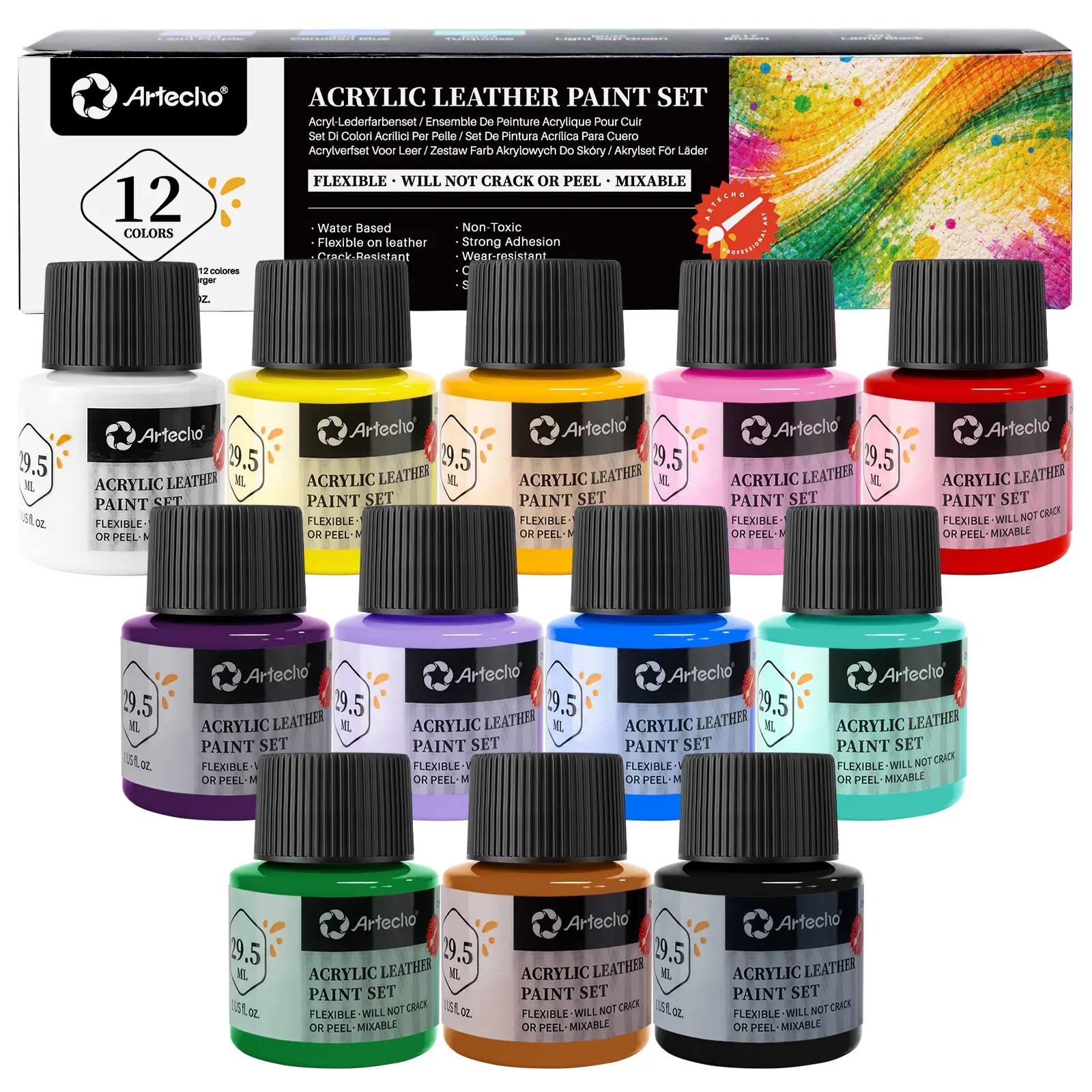 Artecho 12 Colors Acrylic Leather Paint 1oz Set | For Shoes, Sneakers, Boots, Bags, Sofa, Jackets, Furniture, Will Not Crack or Peel, Mixable