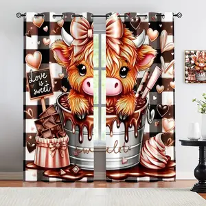Cute Cartoon Cow Chocolate Print Curtains Set, Floral Pattern, Semi-Transparent Polyester, Home Decor for Living Room, Bedroom, Kitchen, Patio