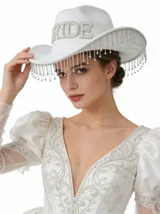 Bride Denim Hat with Rhinestone Fringe, Wedding Party Pearl Cap, Cross-Border Single Party Photo Prop