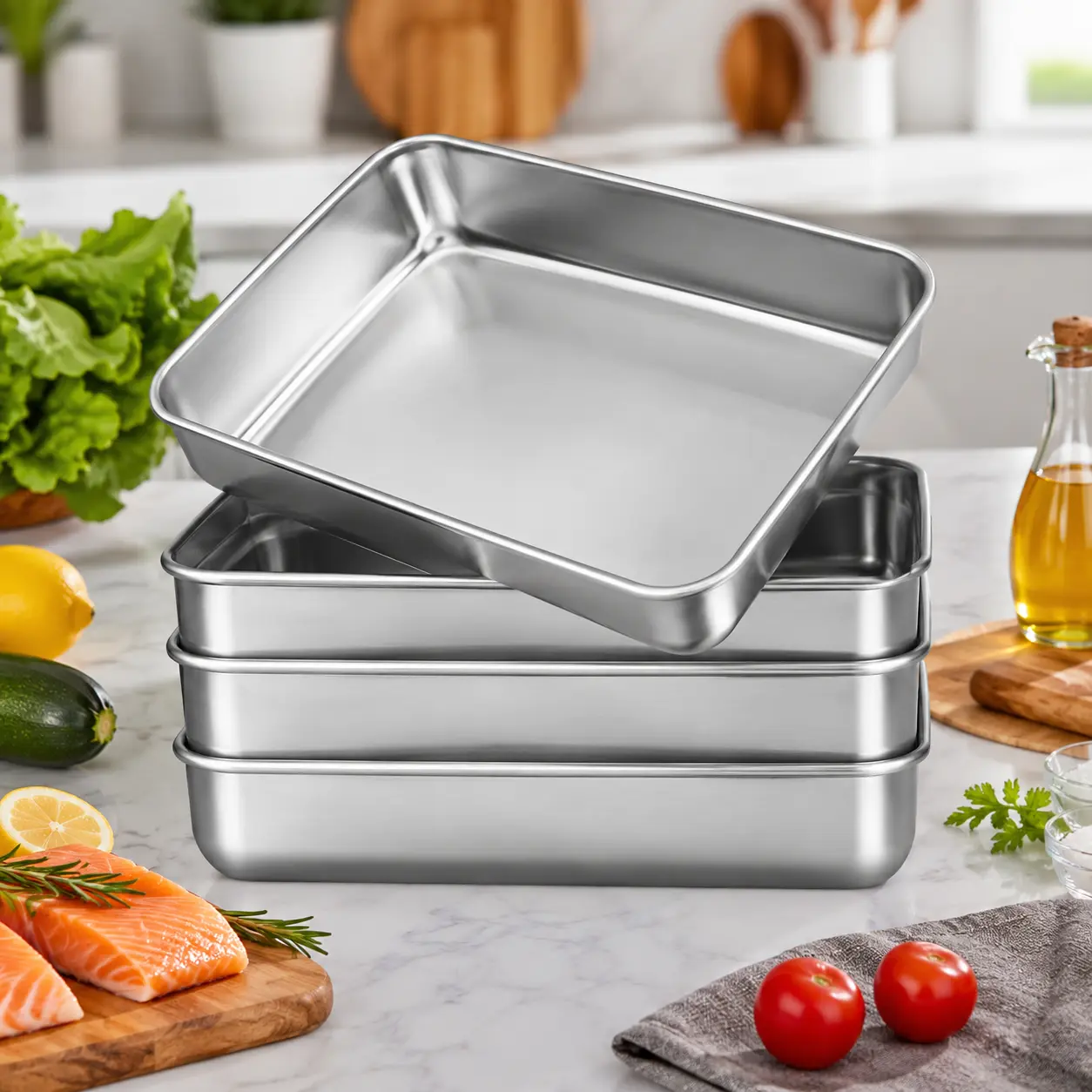 6-Pack Square Metallic Stainless Steel Deep Baking Trays - Eco-Friendly Food Containers Bakeware Set, Rust-Free, Stackable Cabinet-Saving, Oven Safe, Dishwasher Safe, Easy Clean, No Plastic Taste, For Roasting Meal Prepping, Replaces Cracked Plastic