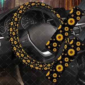 3Pcs/Set Sunflower Car Interior Set, Starry Black Style, Includes Steering Wheel Cover, Car Seat Belt Cover, No Inner Ring, Vehicle Interior Upgrade, Durable Material, Multi-Part Set, For Women, Car Enthusiasts, Gift For Drivers.11.27QWA-273@274