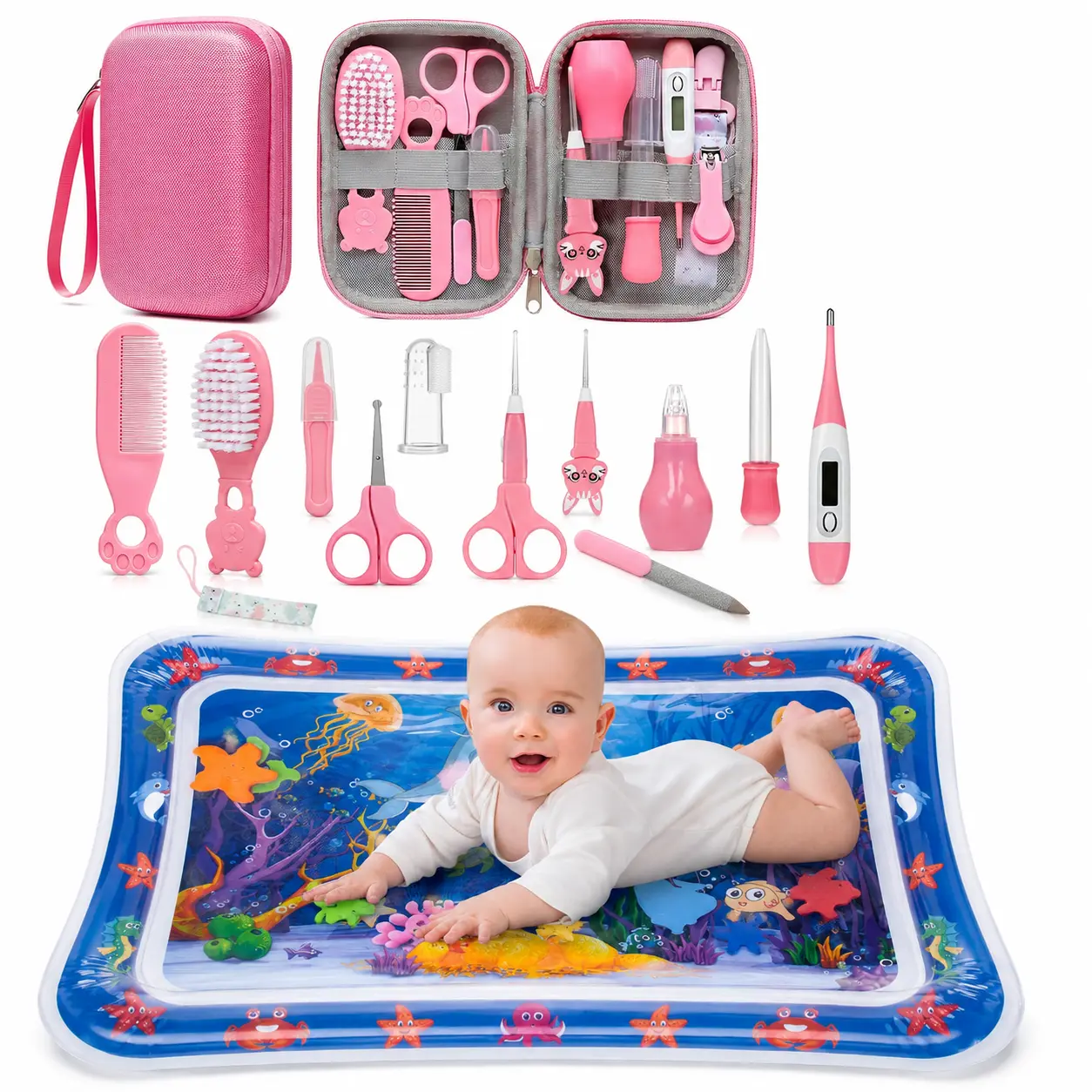 2 pack Baby Healthcare & Grooming Kit with Tummy Time Water Mat – Newborn Baby Care Essentials Set with Hair Brush, Comb, Nail Clipper, Thermometer, Pacifier Clip, Inflatable Water Play Mat for Infants & Toddlers