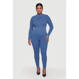Plus Size Acid Wash Seamless Ribbed Long Sleeve Catsuit