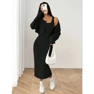 Women’s new fall ribbed knit drop-shoulder jacket and slim-fit mid-length casual dress set, button front, long sleeves, comfortable home wear outfit