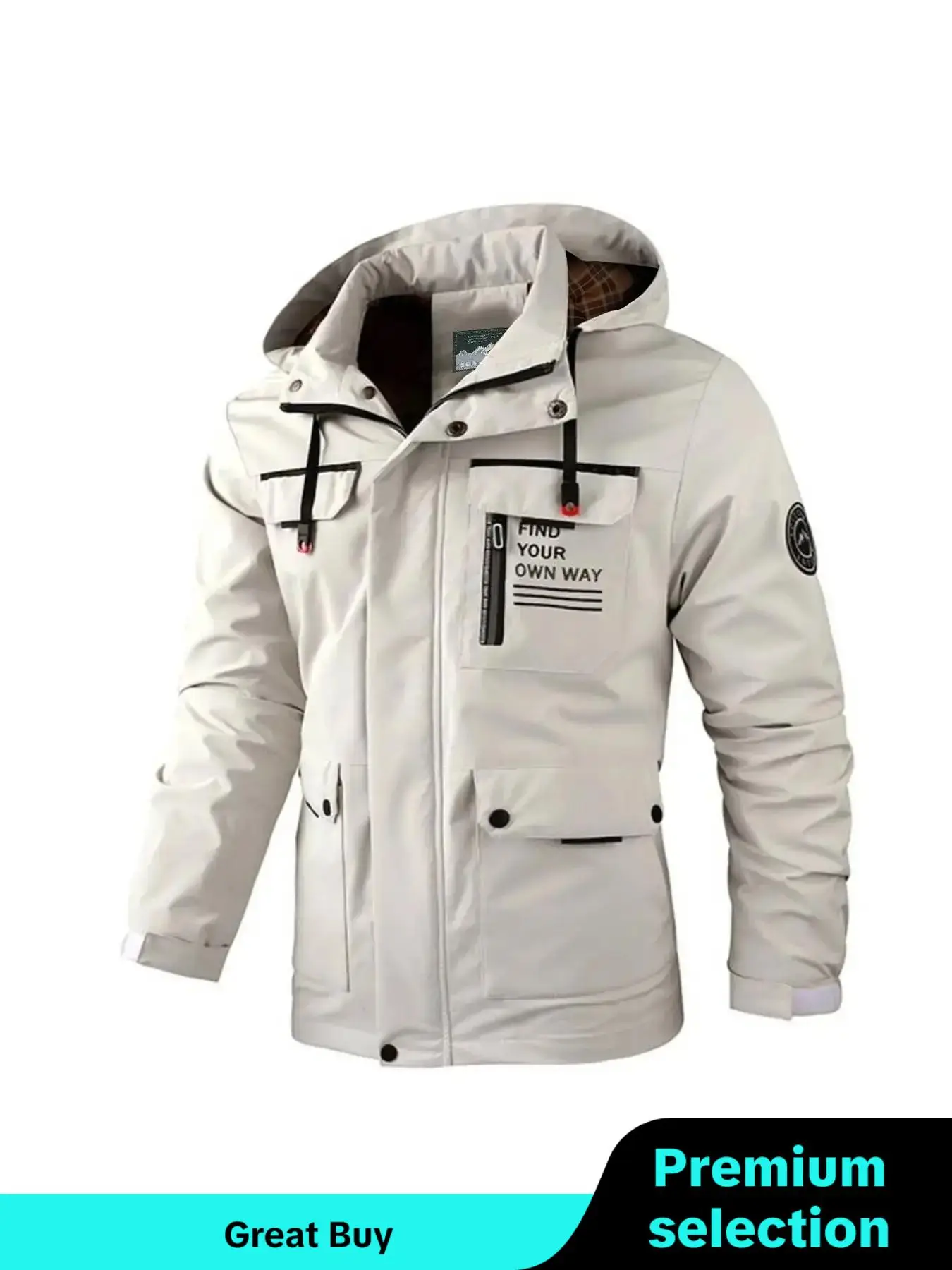 Men's Letter Print Patched Drawstring Hooded Jacket, Casual Windproof Waterproof Lightweight Zip Up Outerwear for Outdoor Activities, Outdoor Jacket,