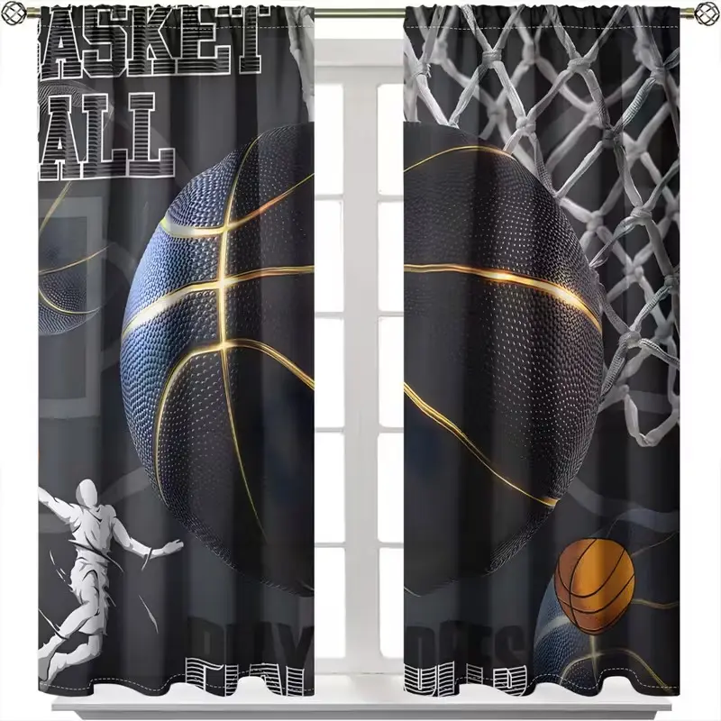 2pcs Sports Basketball Print Curtains, HD Digital Printing, Rod Pocket Installation, 100% Polyester, All-Season UV Protection Drapes