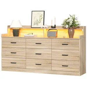 9 Drawer Dresser with Built-in Power Outlet, Mid Century Modern Chest of Drawers for Bedroom,63'' Triple Wide Dresser Storage Cabinet for Closet, Living Room, Entryway,Light Wood
