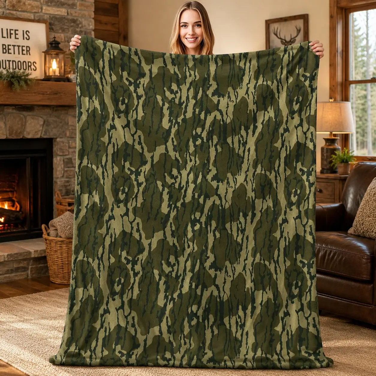 Camo Bottomland Plush Blanket, Classic Hunting Camouflage Soft Fleece Throw Blanket, Cozy Warm Blanket for Bed Couch Sofa, Outdoor Hunter Cabin Decor, Gift for Men & Hunters