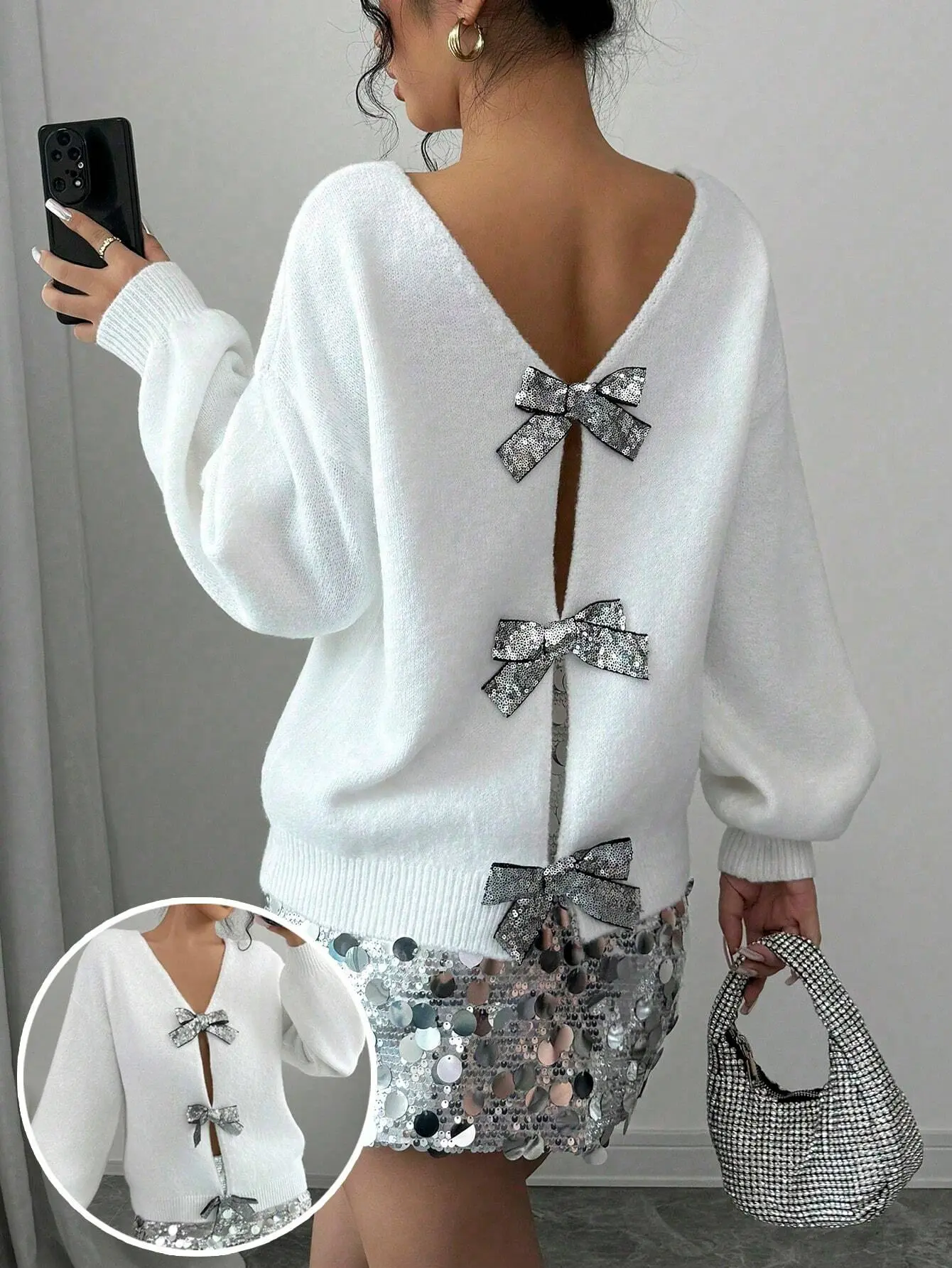ELEGANTSUT Women's White Long-Sleeve Fitted Knit Sweater - Chic Lady Style, Back Bow, Rhinestone Detail, Soft Warm, Casual Everyday Going-Out Top Womenswear Knitwear