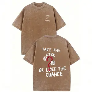 Women's Vintage Washed Cotton Shortsleeve T-Shirt - Oversized, Classic Casual Loose Round Neck Top with "Take The Risk Or Lose The Chance" Dice Question Mark Print, Retro Streetwear Fit, Simple Stylish Wear (T Shirts for Women) summerwins