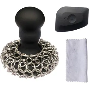 316 Stainless Steel Chainmail Cast Iron Cleaner with Ergonomic Silicone Handle