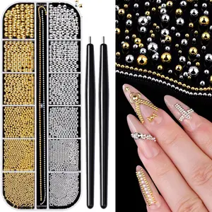 12-Grid Box Mini Caviar Metal Beads 3D Nail Art Decorations, /silver Color DIY Nail Charms, Fashionable Nail Embellishments
