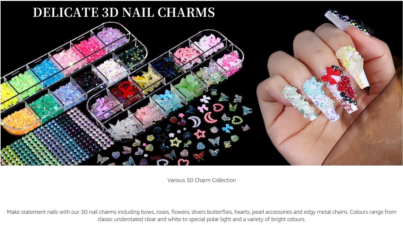 Nail Charms, Nail Rhinestones Kit with 8 Boxes of Nail Gems, 3D Charms for Nails, Colorful Clear Flatback Rhinestones, Charms Y2K for Nails, Multi Shape Pearls Jewels for Crafts