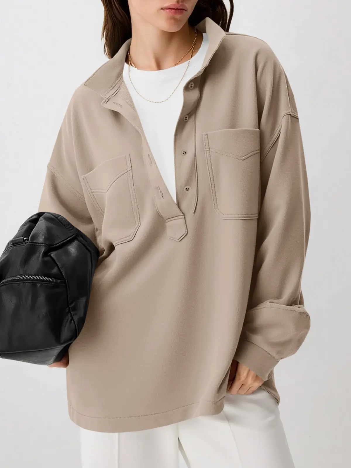 Fisoew Womens Oversized Sweatshirt Casual Long Sleeve Henley V Neck Pullover Tops Fall Outfits Clothes Womenswear bistro hoodie ditch masked hoodie graphic hoodies hoodies for women zip up hoodies comfort hoodies spider hoodie denim tears hoodie