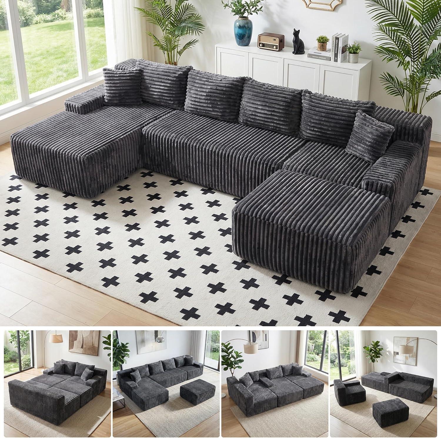 winzoo couch 126" Cloud Sectional Couch for Living Room, Oversized 6 Seat Convertible Modular Sectional Sofa Bed with High Back Ottoman, Plush Corduroy U Shaped Boneless Couch Compression Sofas, Grey