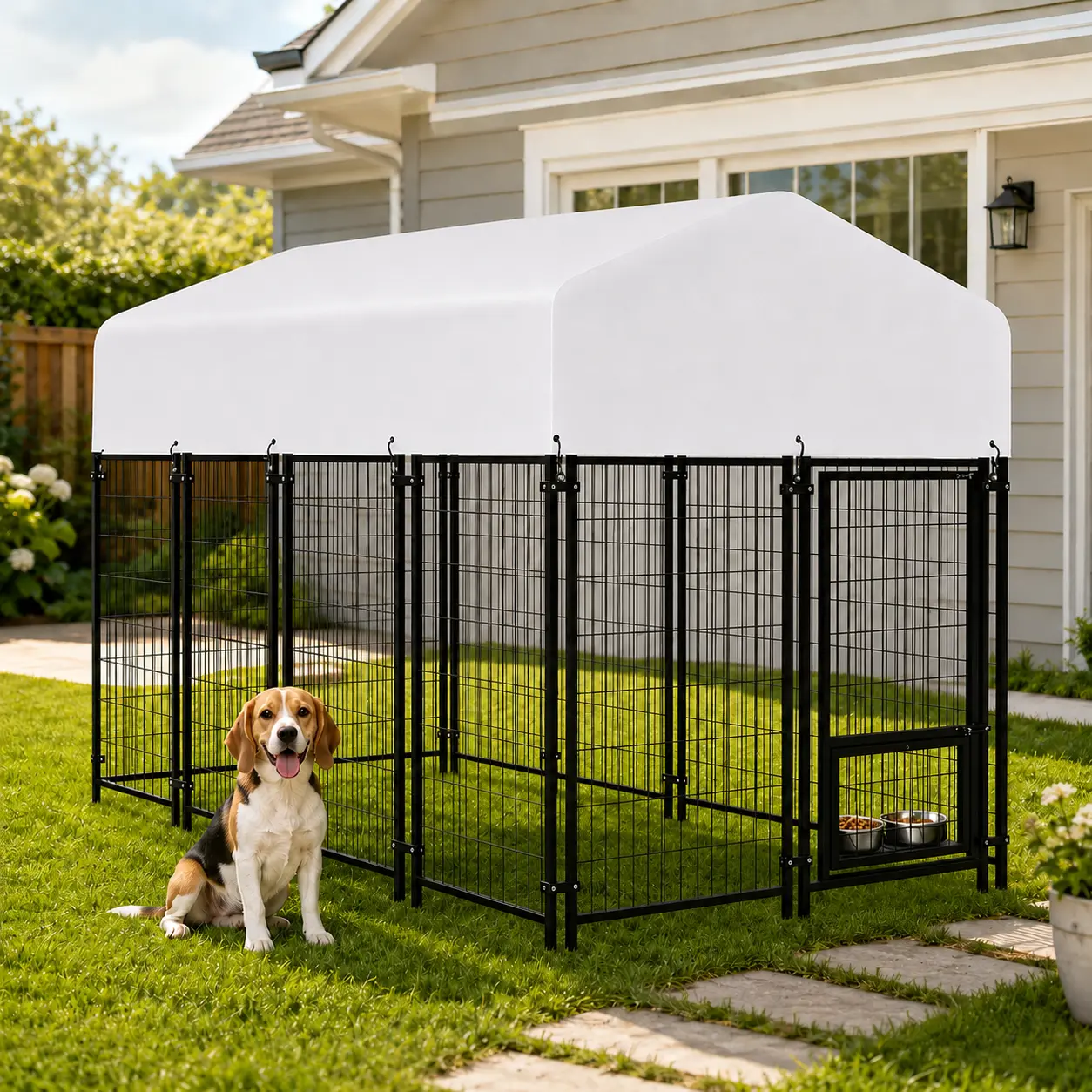 ORANLAND Outdoor Dog Kennel 7.8×4×5FT with Removable Roof,Heavy-Duty Metal Dog Fence for Backyard, Small to Medium Dogs