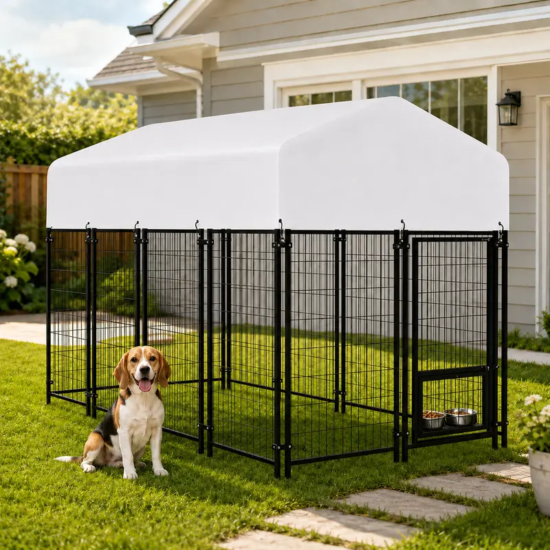 ORANLAND Galvanized Steel Outdoor Enclosed Dog Playpen Crate Kennel, 7.8×4×5FT 5ft Height Heavy-Duty Metal Fence with Removable Roof for Backyard Small-Medium Puppy Kennel (All Seasons Use)
