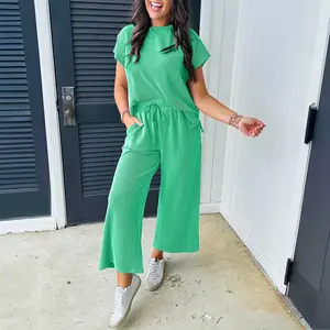 Bright Green Solid Corded Knit Short Sleeve T Shirt and Wide Leg Pants Set