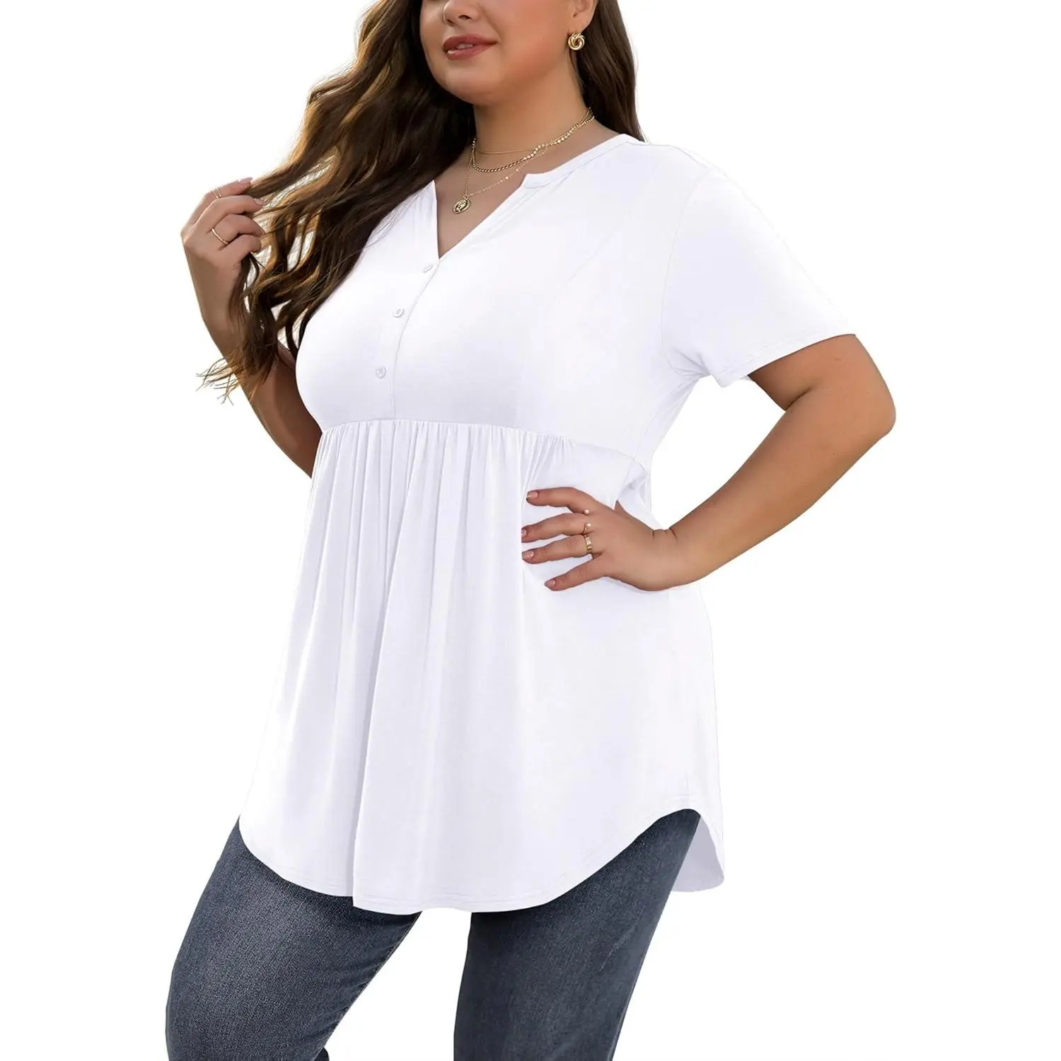 SHIJIALI Women's Plus Size White Tunic Tops V Neck Short Sleeve Loose Fit Flowy for Leggings