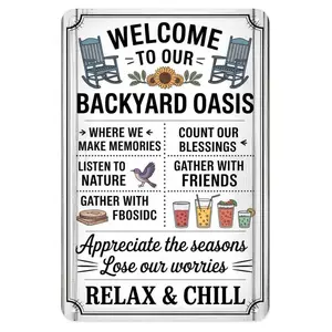 Backyard Oasis Tin Sign, Vintage Home Relax Metal Sign Print Aesthetic Room Decoration for Home Bedroom Kitchen Bar Coffee Bathroom Indoor Outdoor Wall Decor, 8 X 12 in