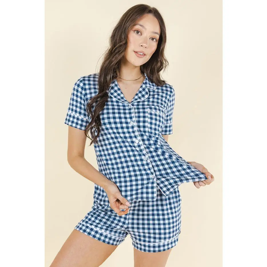 The Mad for Plaid | Shinesty Navy Gingham SleepDeep™ Button Down Short Pajama Set