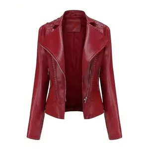 Women's Edgy Chic Long Sleeve Motorcycle Biker Jacket with Lapel Collar, All-Season Outerwear Biker Clothing, Motorcycle Riding Gear, Sleek Texture Finish Streetwear Style Plus Size Black Red Camel S-2XL