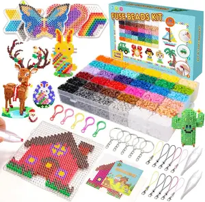 Fuse Beads Kit Color Beads for Craft for Girls Age,5MM Melty Beads Set Including 5 Pegboards, Ironing Paper & Chain Accessories Iron Beads Christmas Birthday Gift