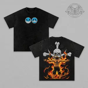 Portgas D. Ace OP Vintage Acid Wash Oversized T-Shirt Streetwear Retro Anime Graphic Tee Fire Fist Ace Skull Back Print Unisex Heavyweight Cotton Shirt Gift for Anime Fans OP Merch