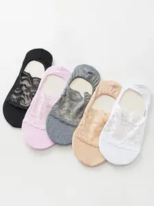 Women's 5 Pairs Floral Lace Invisible Socks, Summer 2024 Solid Color Hollow Out Breathable Comfy Fit Boat Socks for Women, Women's Socks for Summer, Womenswear