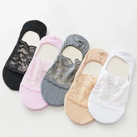 Women's 5 Pairs Floral Lace Invisible Socks, Summer 2024 Solid Color Hollow Out Breathable Comfy Fit Boat Socks for Women, Women's Socks for Summer, Womenswear, Floral Pattern Socks, Medium