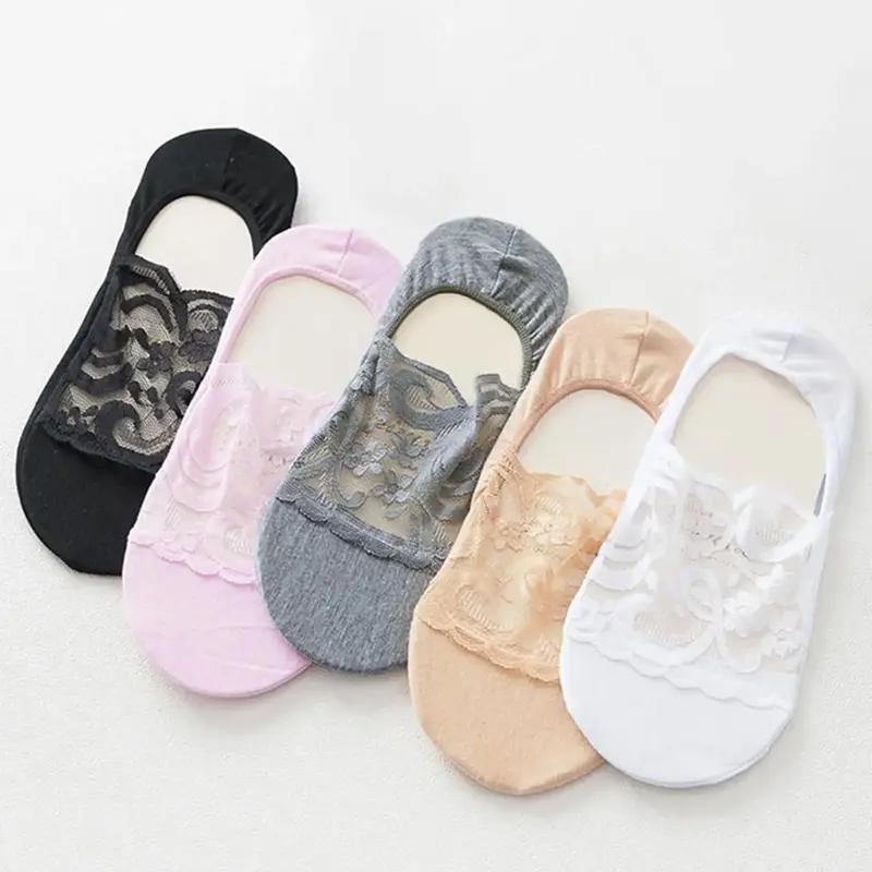 Women's 5 Pairs Floral Lace Invisible Socks, Summer 2024 Solid Color Hollow Out Breathable Comfy Fit Boat Socks for Women, Women's Socks for Summer, Womenswear, Floral Pattern Socks, Medium