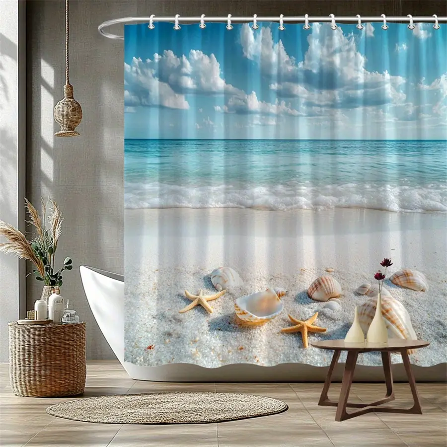 [Back to School] Coastal Aquatic Theme Shower Curtain, 60x72 Inch Print Design with White Sand, Seashells & Turquoise Ocean Waves, Durable Waterproof Polyester Fabric, Machine Washable, Privacy Protection Bathroom Decor with Easy-Install Hooks, Bathroom C