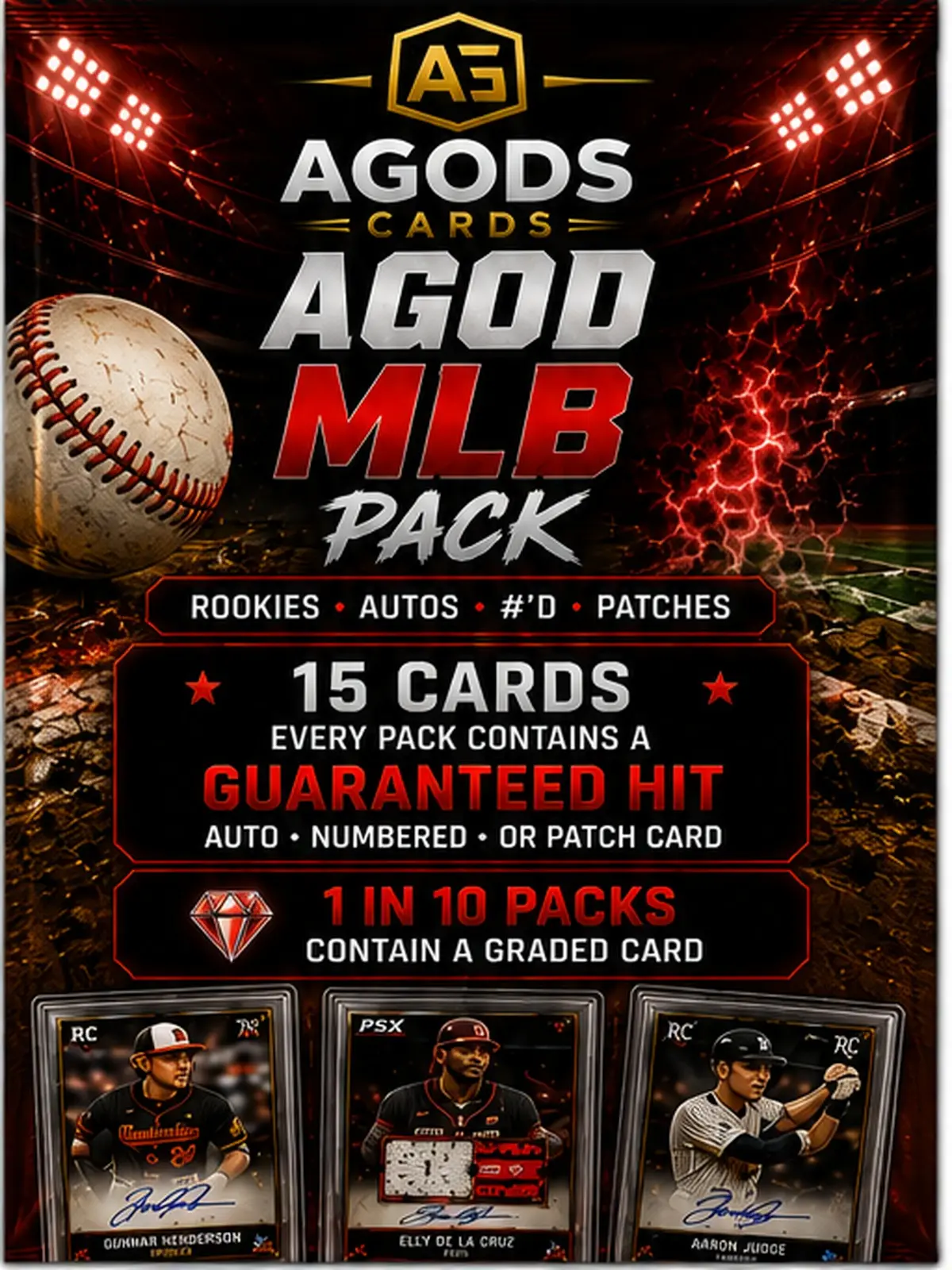 AGOD MLB Collectible Sports Cards Mystery Pack - 15 Total, 1 Guaranteed Hit (Auto/Patch/#’d), 1:10 Vintage to Modern Graded Item Chance