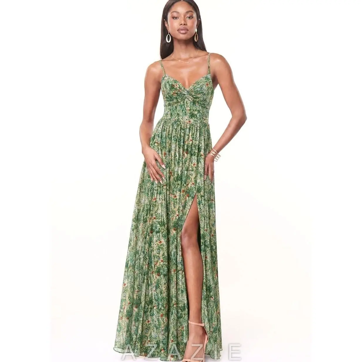 Azazie Zeya Dusty Sage A-Line V-Neck Pleated Chiffon Dress