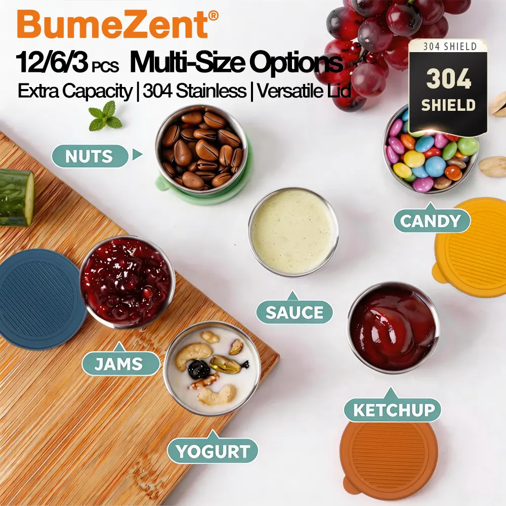 BumeZent Reusable Stainless Steel Salad Dressing To Go Containers - 12/6/3 PCS, 1.6 oz Leak-Proof Kitchen Utensils Sauce Cups With Airtight Silicone Food Cover Lids For Office Lunch Boxes, Travelers’ Meal Prep