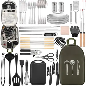 Camping Essentials Cookware Cooking Utensils Set - Camping Kitchen Utensils, Portable Outdoor Accessories, Stainless Steel & , Camping Gear Equipment for RV Picnic Grill
