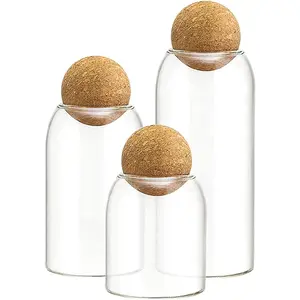 3 count Glass Jars with Cork Ball Lid Set Kitchen  Terrarium Airtight Clear Storage Canisters with Wooden  for Cookie Candy Coffee Bean  Sugar Rice