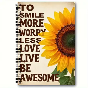 Vintage Cream Spiral Notebook with 'TO SMILE MORE WORRY LESS LOVE LIVE BE AWESOME' Text & Realistic Sunflower Illustration - Uplifting Positive Message Notebook, Journal, Planner for Daily Notes, Gratitude, Journaling - Perfect Gift for Encourageme