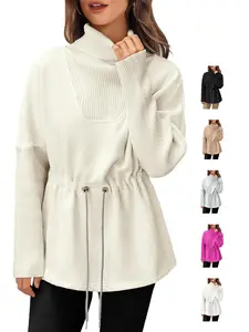 FISOEW Women's Turtleneck Sweatshirts Fleece Drawstring Waist Casual Long Sleeve Pullover Sweater Side Slit Tunic Tops Chic Womenswear Knitted bistro hoodie ditch masked hoodie graphic hoodies hoodies for women