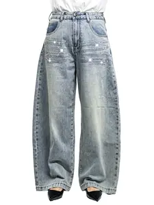 Lux Lee Rhinestone Baggy Barrel Jeans - Vintage Enzyme-Washed Denim, Sparkling Rhinestone Stripes, High-Waisted Tummy Control, Flattering Wide-Leg Fit, Eye-Catching Glittery Street Style For Trendsetters