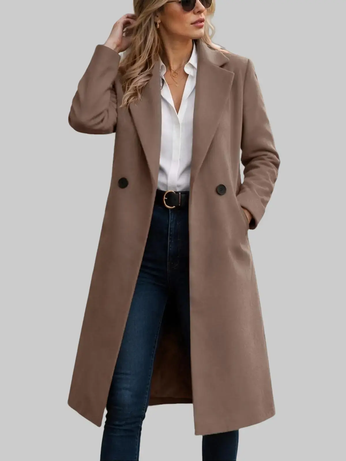 Women Winter Wool Coat Notch Lapel Single-Breasted Mid Long Peacoat