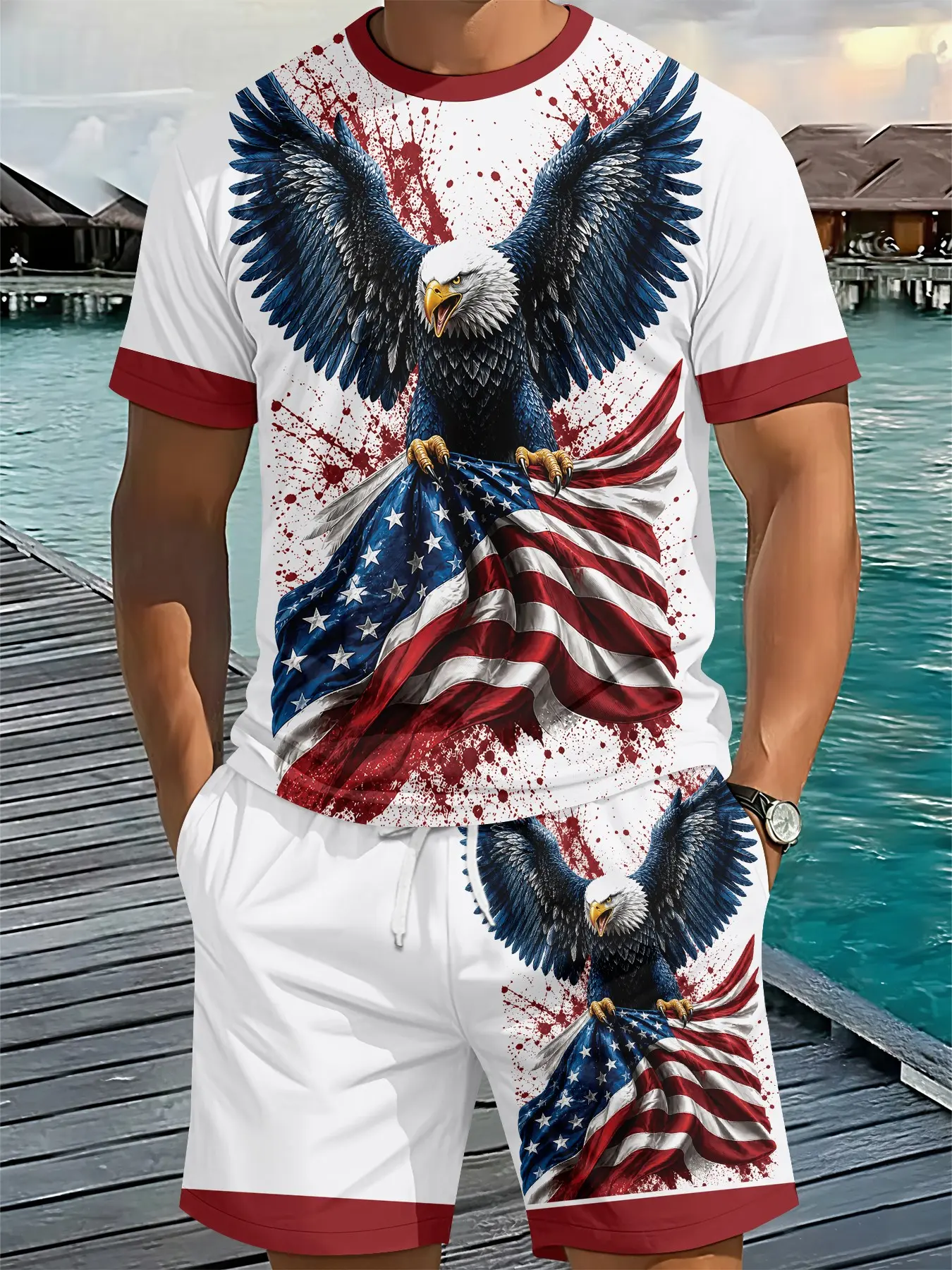 Men's 3D Digital Printed Two-piece Set, Dual-version Ink-splashed Eagle Flag Outfit, 2Pcs, Trendy Fashion Suit, Retro Casual Two-piece Outfit, Resort-style Trendy Wear, Breathable Sports Casual Style, Perfect Holiday Gift for Men