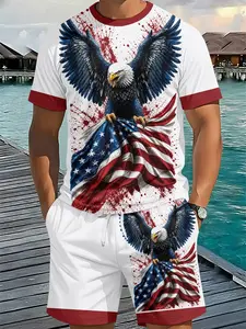 Men's 3D Digital Printed Two-piece Set, Dual-version Ink-splashed Eagle Flag Outfit, 2Pcs, Trendy Fashion Suit, Retro Casual Two-piece Outfit, Resort-style Trendy Wear, Breathable Sports Casual Style, Perfect Holiday Gift for Men