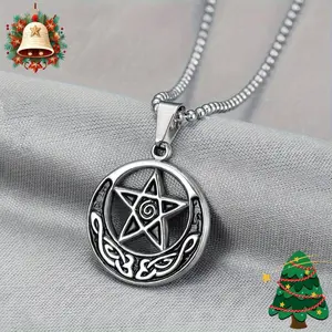 Unisex 2-Piece Light Luxury Euro-American Cool-Style Circular Hollow Pentagram Pendant Necklaces, Versatile Daily Wear Costume Jewelry, Ideal Anniversary Gift with Custom Pendant