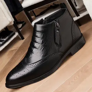Men's Classic Pointed-Toe Dress Boots | Vintage-Inspired Perforated Design with Side Zip for Weddings & Office