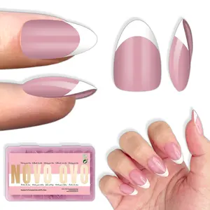 NOVO OVO Almond Short White French Tip Nail Tips Press on BERRY PINK, Extra Thick Full Cover False Fake Nails, Need Builder Gel Top Coat & Glue, for Salon DIY Acrylic Extension x 16 Sizes 224 pcs