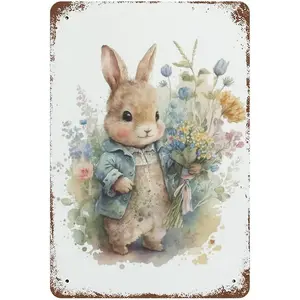 Easter Signs Bunny Vintage Metal Tin Sign Wall Art Easter Wall Art Rabbit Decor Spring Decor Easter Primitive Country Decor Bunny Art, Rustic Easter Gifts for Kids Home Classroom