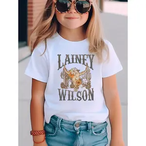 Girls' Summer Casual Short Sleeve T-Shirt - LAINEY WILSON Cartoon Bull Head Graphic Print, Vibrant Pink Round Neck Top with Applique Details, Breathable Knit Fabric for Casual Attire, Shirts for Girls, Everyday Kids Clothing, Playful Kids Design