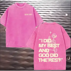 Y2K Dopamine Bright Pink Washed Men's Crew Neck T-Shirt Christian Skeleton Print Street Trend Loose Short Sleeve Top good graphic tees baggy shirt