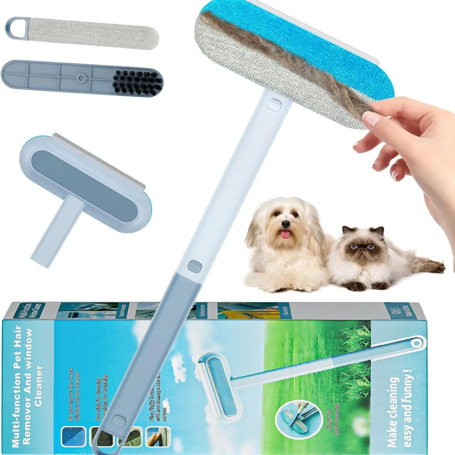 Reusable Pet Deshedding Lint Brush - 17.3in Extendable Adjustable Tool for Fur Removal, Dual-Sided Fabric Pads, Gentle on Dog Couches/Carpets, Tap Water Cleanable Clothes Cleaning, Easy Operation